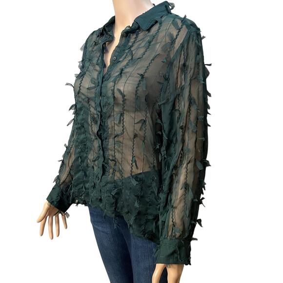 Zara Fringe Button Down Blouse Small Sheer Chiffon Dark Green Long Sleeve Goth - Picture 2 of 9